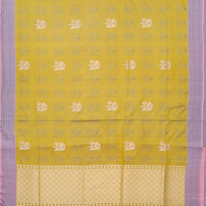 Olive Green Handloom Banarasi Satin Silk Saree With Floral Motifs-Olive Green