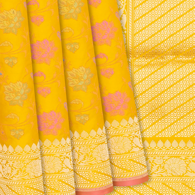 Mustard Handloom Banarasi Silk Saree With Meena Floral Motifs-Mustard