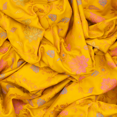 Mustard Handloom Banarasi Silk Saree With Meena Floral Motifs-Mustard