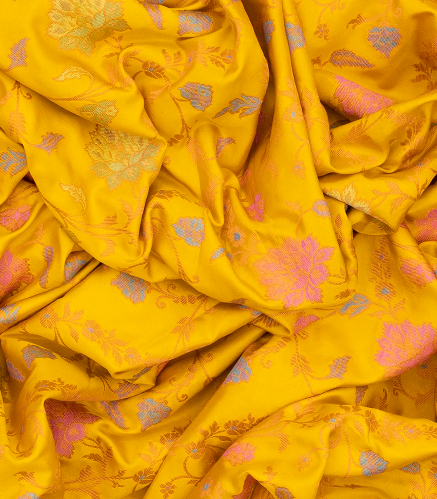 Mustard Handloom Banarasi Silk Saree With Meena Floral Motifs-Mustard