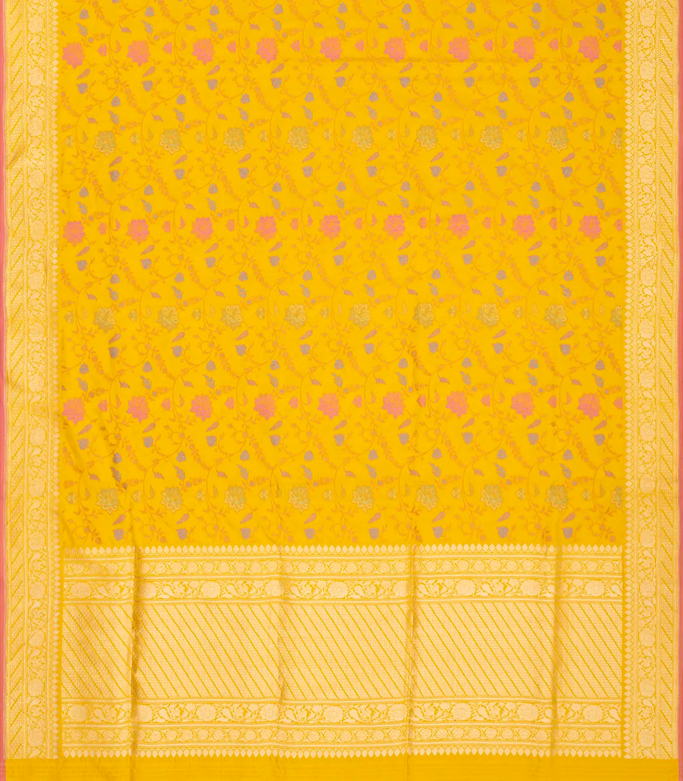 Mustard Handloom Banarasi Silk Saree With Meena Floral Motifs-Mustard