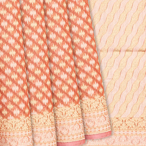 Peach Handloom Banarasi Cotton Saree With Triangle Motifs-Peach