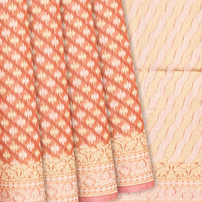 Peach Handloom Banarasi Cotton Saree With Triangle Motifs-Peach