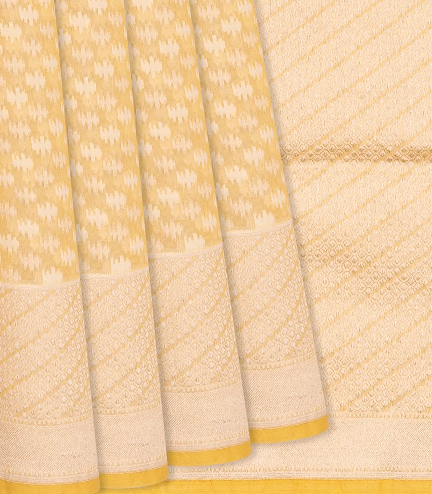 Yellow Handloom Banarasi Cotton Saree With Triangle Motifs-Yellow