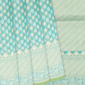Turquoise Handloom Banarasi Cotton Saree With Floral Motifs-Turquoise