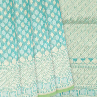 Turquoise Handloom Banarasi Cotton Saree With Floral Motifs-Turquoise