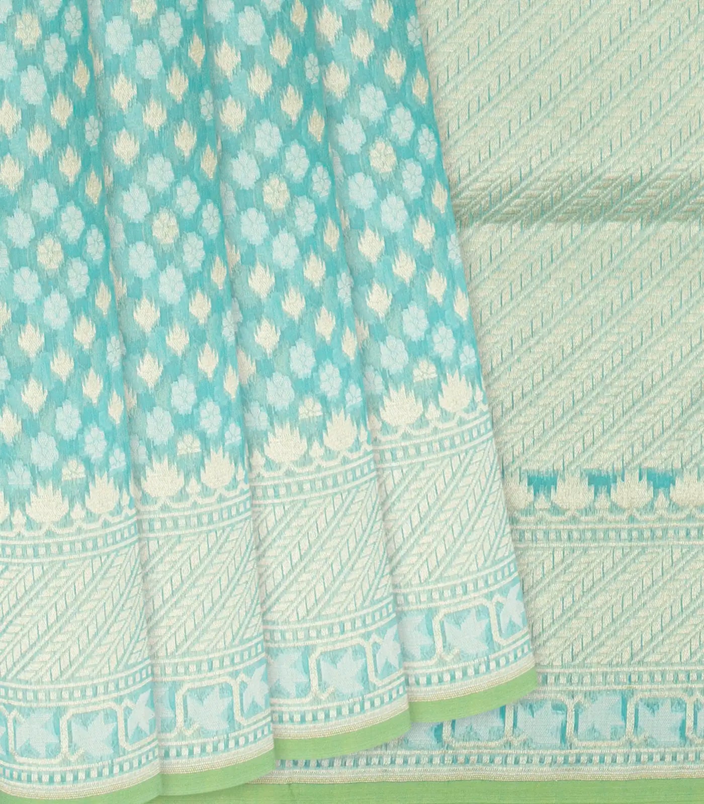 Turquoise Handloom Banarasi Cotton Saree With Floral Motifs-Turquoise
