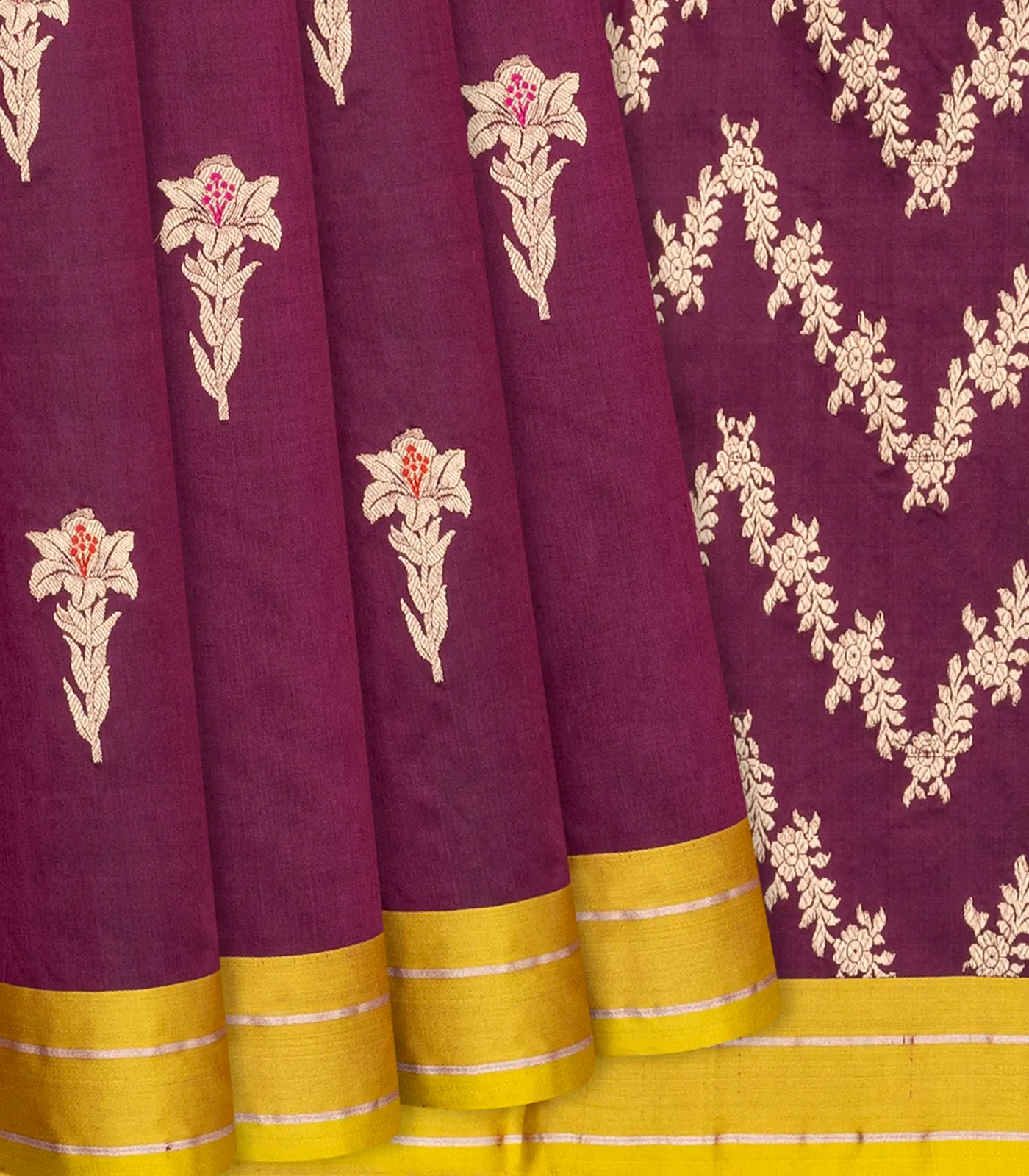 Magenta Handloom Banarasi Silk Saree With Mango Motifs-Magenta