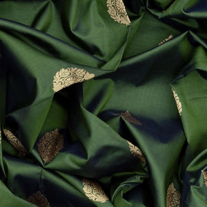 Leafy Green Handloom Banarasi Silk Saree With Floral Buttas-Leaf Green