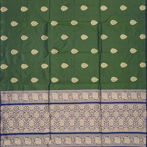 Leafy Green Handloom Banarasi Silk Saree With Floral Buttas-Leaf Green