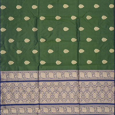 Leafy Green Handloom Banarasi Silk Saree With Floral Buttas-Leaf Green