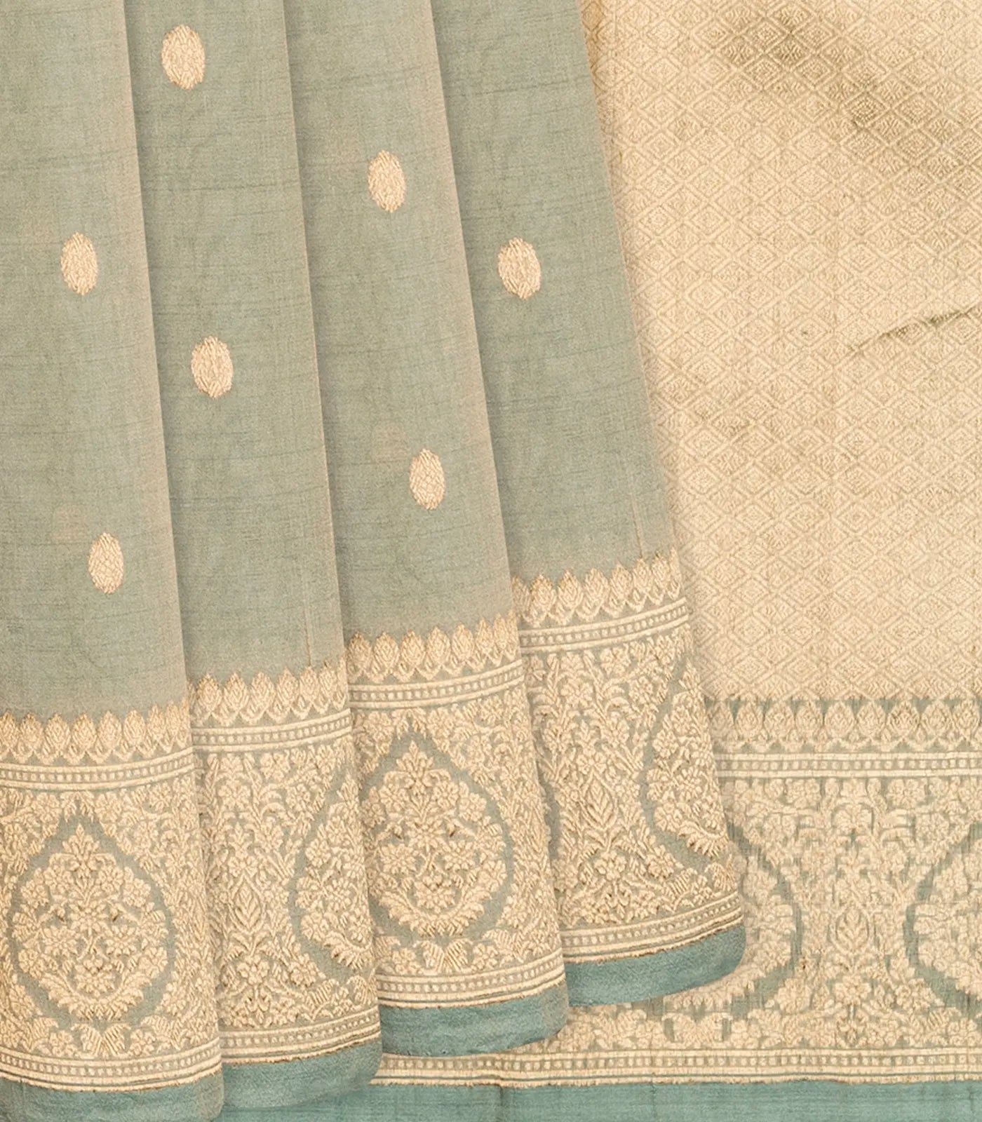 Cardamom Green Handloom Banarasi Tissue Silk Saree With Coin Motifs-Cardamom Green