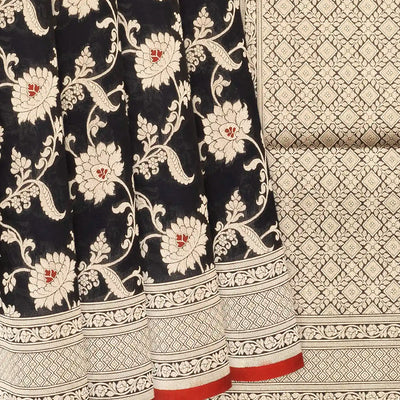 Black Handloom Banarasi Silk Saree With Floral Vine Motifs-Black