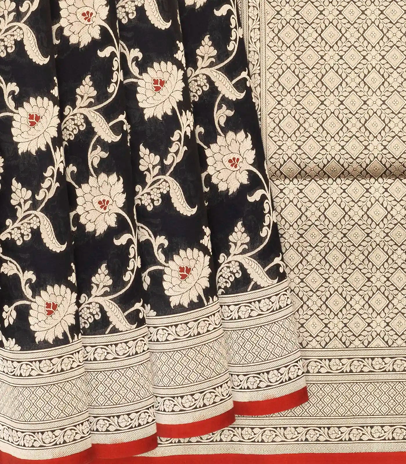 Black Handloom Banarasi Silk Saree With Floral Vine Motifs-Black