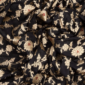 Black Handloom Banarasi Silk Saree With Floral Vine Motifs-Black