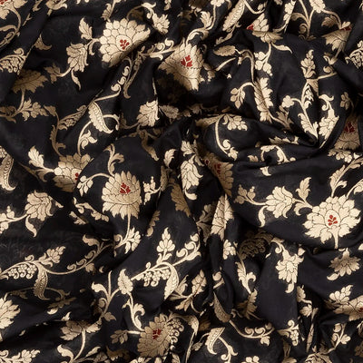 Black Handloom Banarasi Silk Saree With Floral Vine Motifs-Black