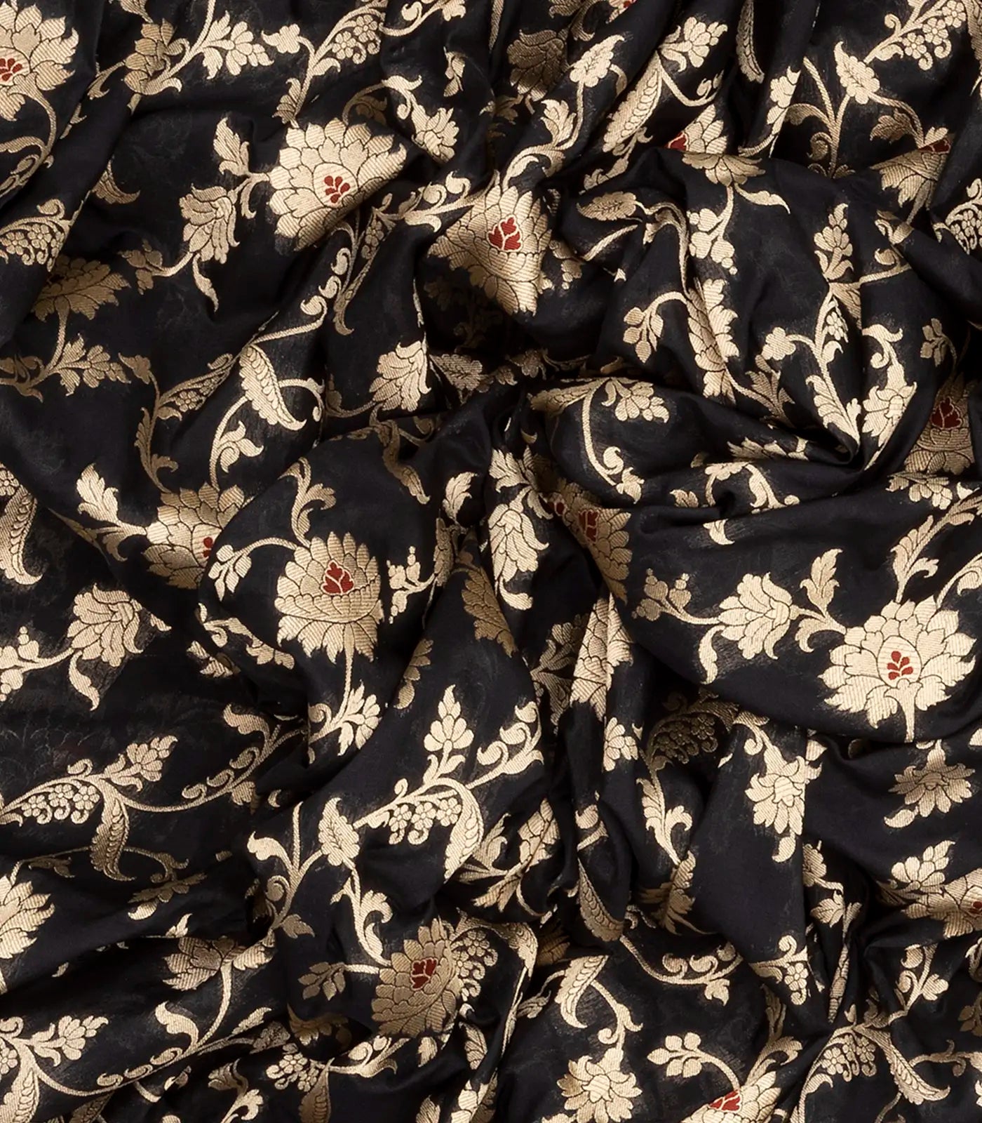 Black Handloom Banarasi Silk Saree With Floral Vine Motifs-Black