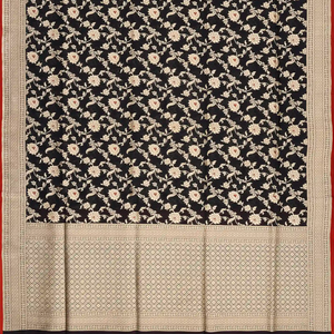 Black Handloom Banarasi Silk Saree With Floral Vine Motifs-Black