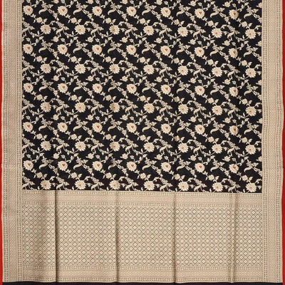 Black Handloom Banarasi Silk Saree With Floral Vine Motifs-Black