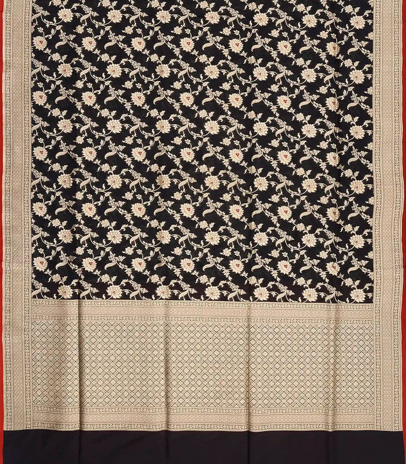 Black Handloom Banarasi Silk Saree With Floral Vine Motifs-Black