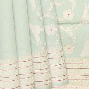 Pista Green Handloom Banarasi Silk Saree With Floral Meena Motifs-Pista Green