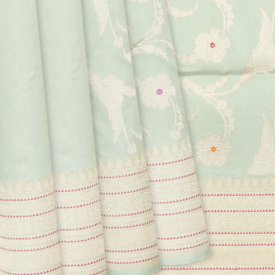 Pista Green Handloom Banarasi Silk Saree With Floral Meena Motifs-Pista Green