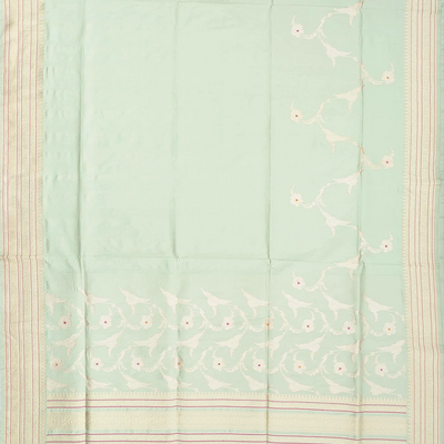 Pista Green Handloom Banarasi Silk Saree With Floral Meena Motifs-Pista Green