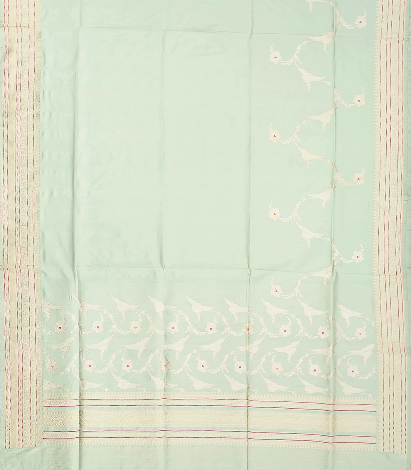 Pista Green Handloom Banarasi Silk Saree With Floral Meena Motifs-Pista Green