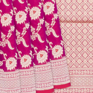 Pink Handloom Banarasi Silk Saree With Floral Motifs-Pink