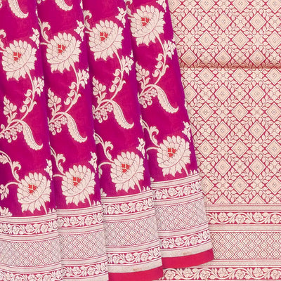 Pink Handloom Banarasi Silk Saree With Floral Motifs-Pink