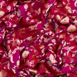 Pink Handloom Banarasi Silk Saree With Floral Motifs-Pink