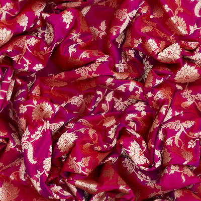 Pink Handloom Banarasi Silk Saree With Floral Motifs-Pink