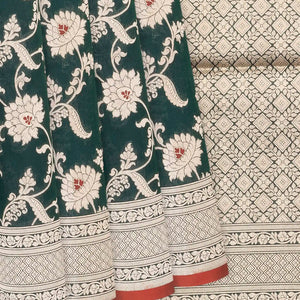 Bottle Green Handloom Banarasi Silk Saree With Floral Motifs-Bottle Green