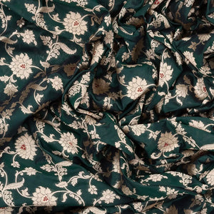 Bottle Green Handloom Banarasi Silk Saree With Floral Motifs-Bottle Green