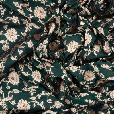 Bottle Green Handloom Banarasi Silk Saree With Floral Motifs-Bottle Green