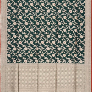 Bottle Green Handloom Banarasi Silk Saree With Floral Motifs-Bottle Green