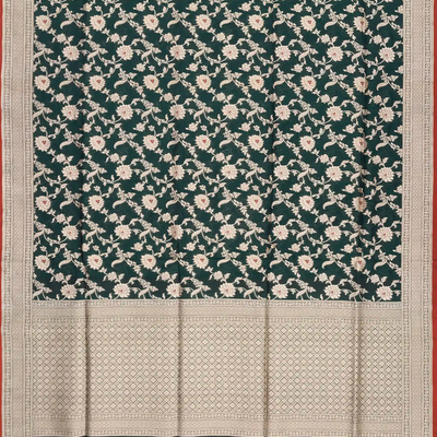 Bottle Green Handloom Banarasi Silk Saree With Floral Motifs-Bottle Green