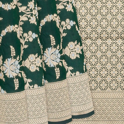 Bottle Green Handloom Banarasi Silk Saree With Floral Vine Motifs-Bottle Green