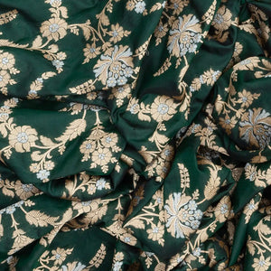 Bottle Green Handloom Banarasi Silk Saree With Floral Vine Motifs-Bottle Green