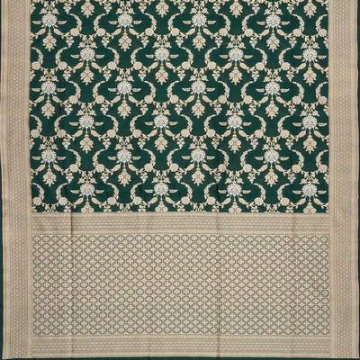 Bottle Green Handloom Banarasi Silk Saree With Floral Vine Motifs-Bottle Green
