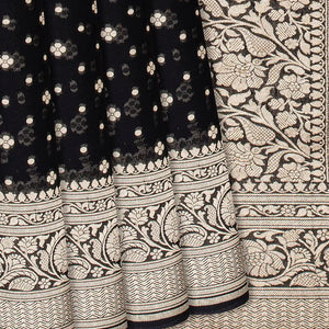 Black Handloom Banarasi Khaddi Georgette Saree With Floral Motifs-Black