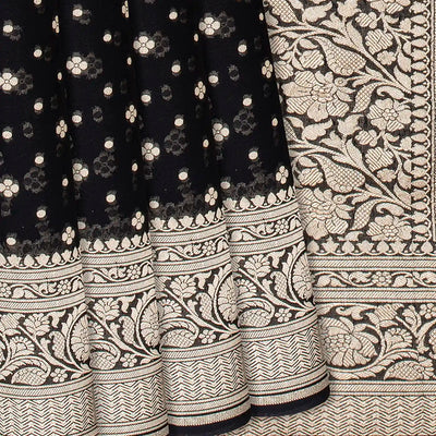Black Handloom Banarasi Khaddi Georgette Saree With Floral Motifs-Black