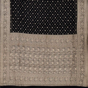 Black Handloom Banarasi Khaddi Georgette Saree With Floral Motifs-Black