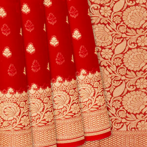 Red Handloom Banarasi Khaddi Georgette Saree With Floral Buttas-Red