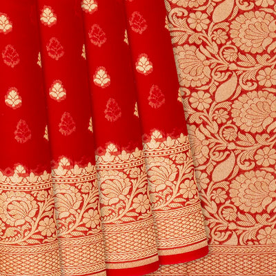 Red Handloom Banarasi Khaddi Georgette Saree With Floral Buttas-Red