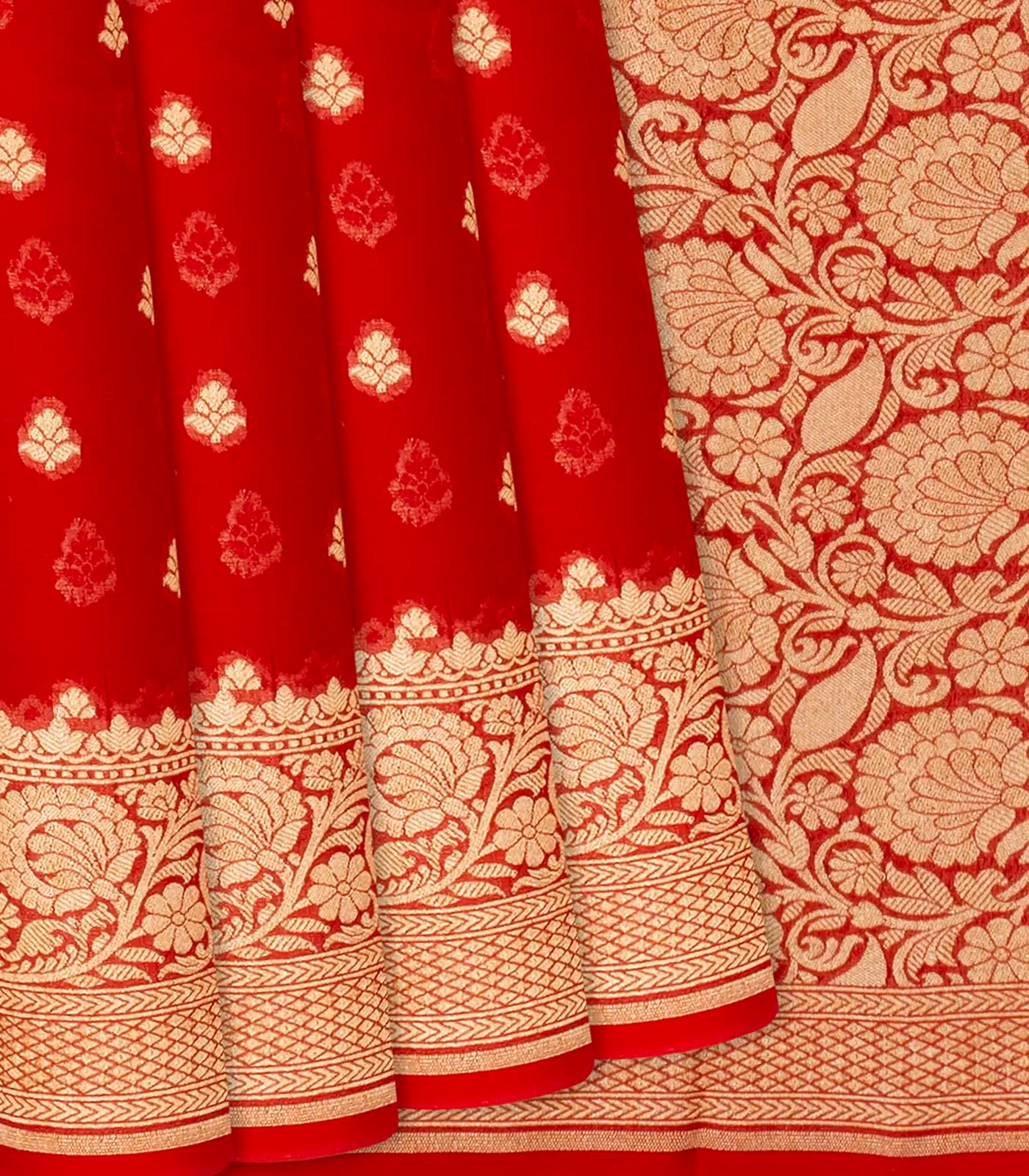 Red Handloom Banarasi Khaddi Georgette Saree With Floral Buttas-Red