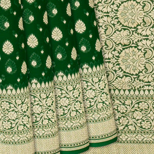 Dark Green Handloom Banarasi Khaddi Georgette Saree With Floral Buttas-Dark Green