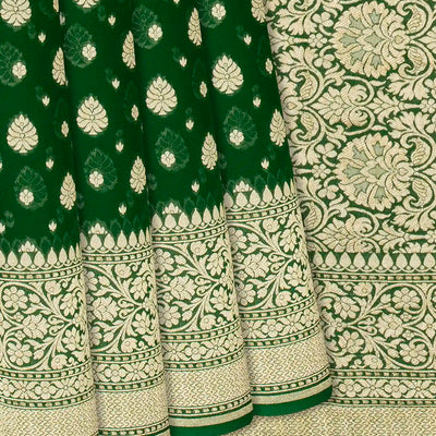 Dark Green Handloom Banarasi Khaddi Georgette Saree With Floral Buttas-Dark Green