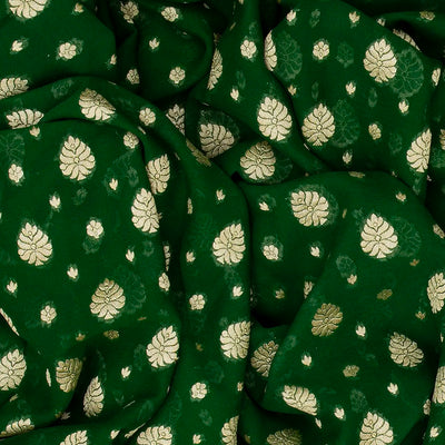 Dark Green Handloom Banarasi Khaddi Georgette Saree With Floral Buttas-Dark Green