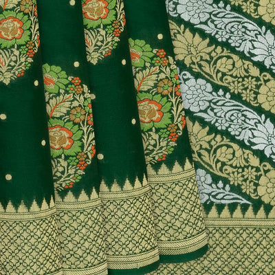 Bottle Green Handloom Banarasi Khaddi Georgette Saree With Meena Floral Motifs-Bottle Green